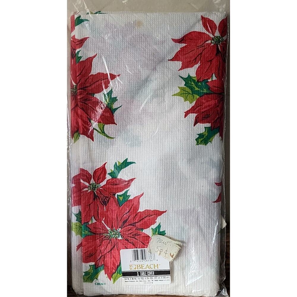 Christmas Poinsettia Paper Table Cover Vintage NOS 54 x 96 Beach Brand